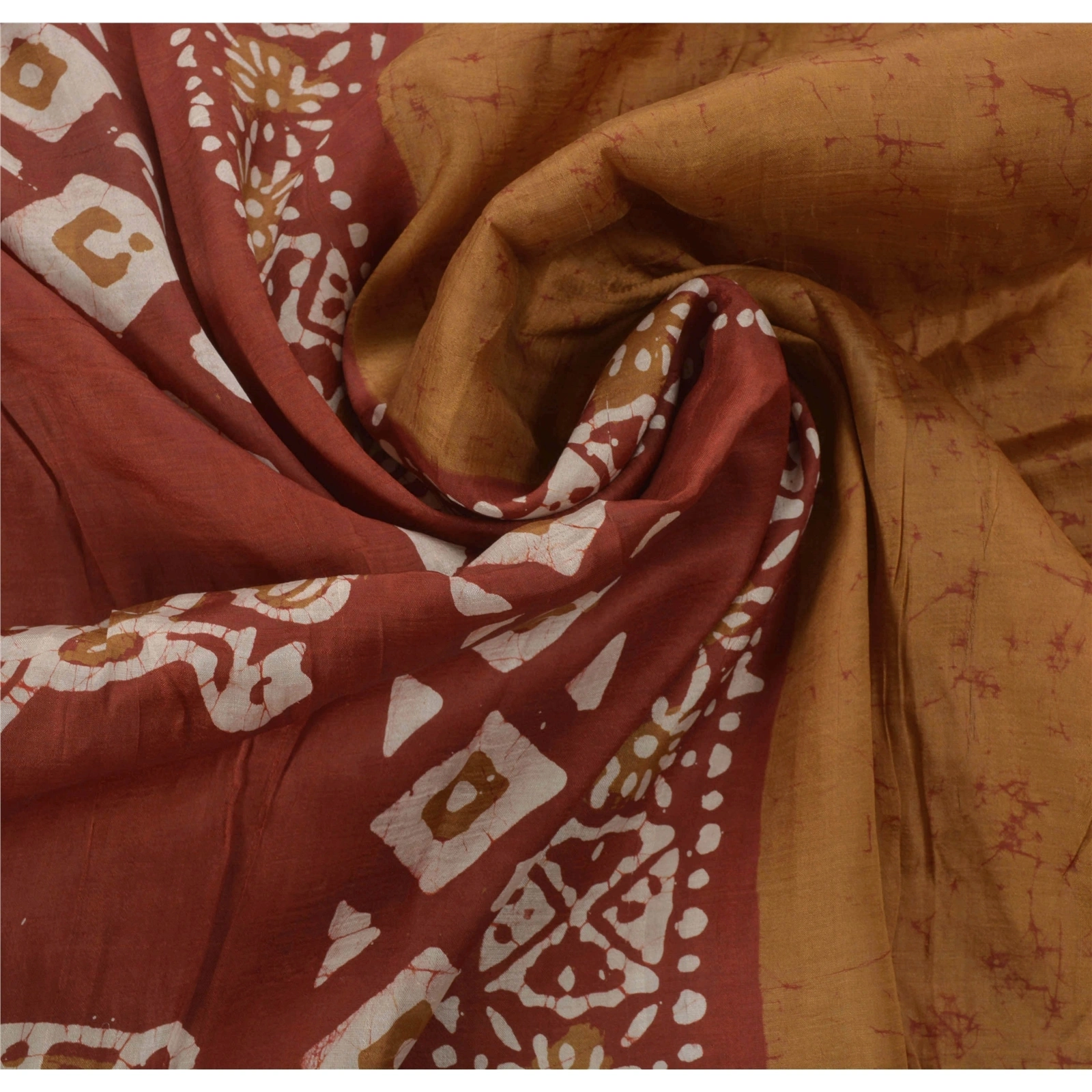 Sanskriti Vintage Brown Sarees 100% Pure Silk Batik Work Craft Fabric 5 Yd Sari, PS-53948-Brown-Batik Work-100% Pure Silk-6