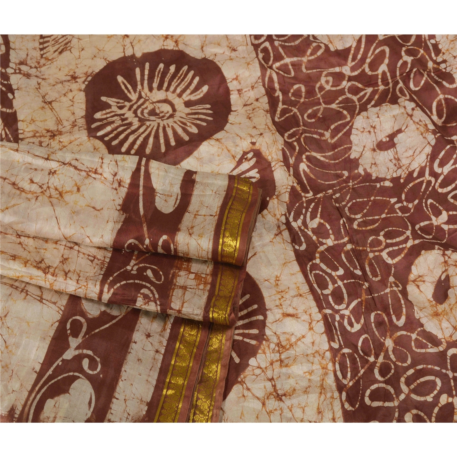 Sanskriti Vintage Brown Sarees Pure Silk Batik Work Fabric 5Yd Zari Border Sari, PS-53954-Brown-Batik Work-100% Pure Silk-1