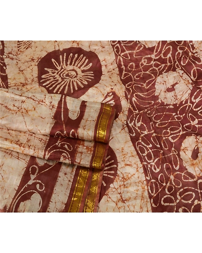 Sanskriti Vintage Brown Sarees Pure Silk Batik Work Fabric 5Yd Zari Border Sari, PS-53954-Brown-Batik Work-100% Pure Silk-1