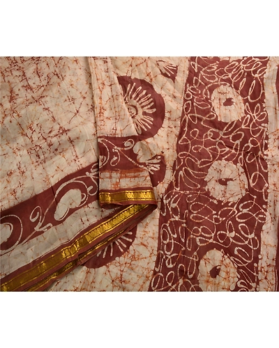 Sanskriti Vintage Brown Sarees Pure Silk Batik Work Fabric 5Yd Zari Border Sari, PS-53954-Brown-Batik Work-100% Pure Silk-2