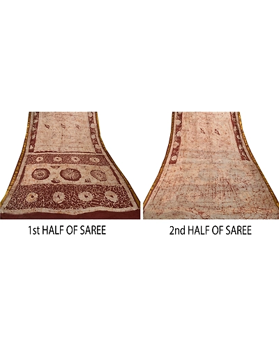 Sanskriti Vintage Brown Sarees Pure Silk Batik Work Fabric 5Yd Zari Border Sari, PS-53954-Brown-Batik Work-100% Pure Silk-5