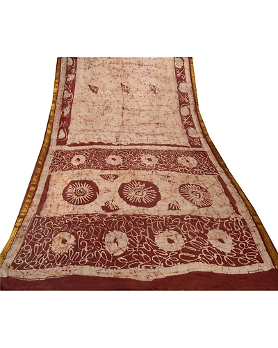 Sanskriti Vintage Brown Sarees Pure Silk Batik Work Fabric 5Yd Zari Border Sari, PS-53954-Brown-Batik Work-100% Pure Silk-7