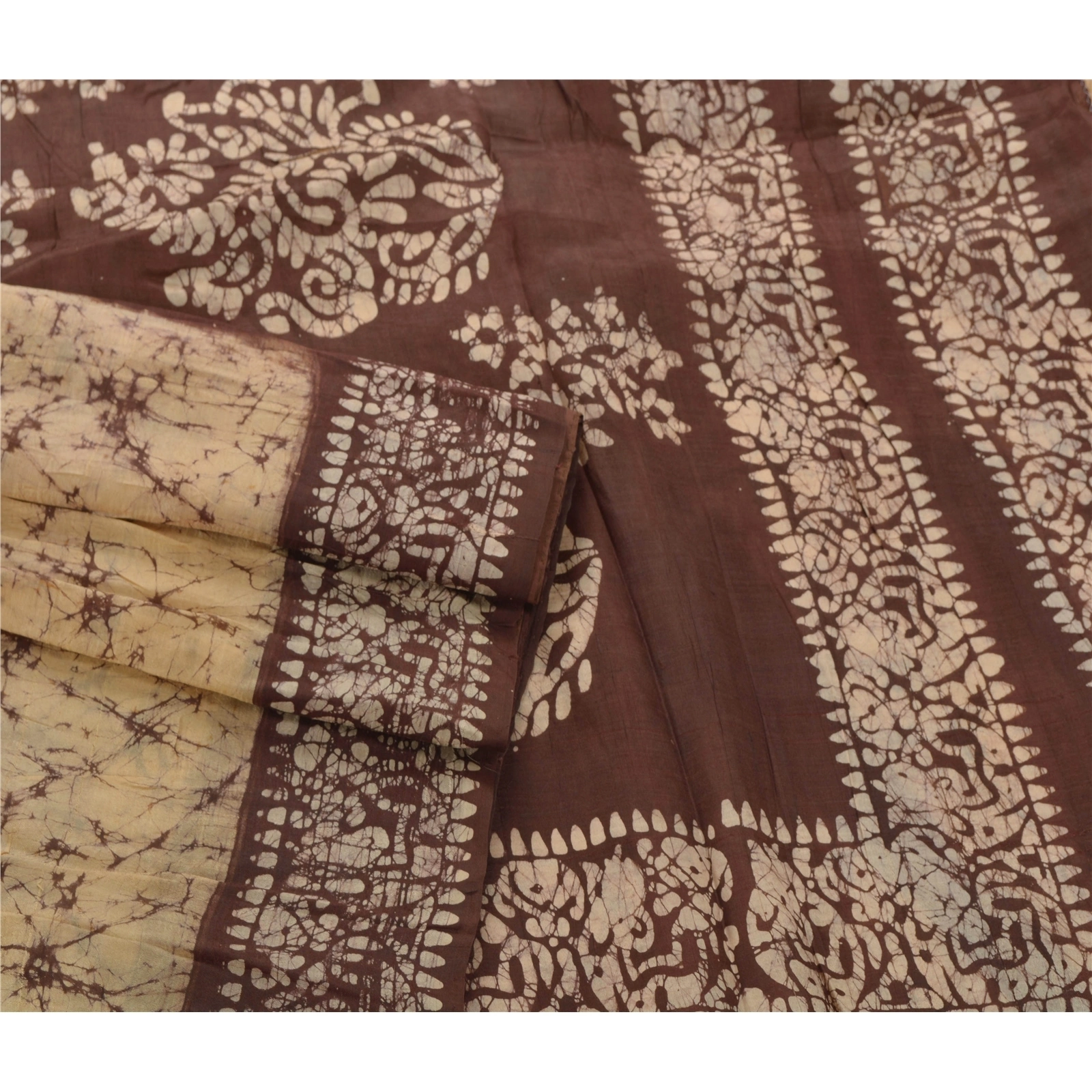 Sanskriti Vintage Cream Indian Sari Pure Silk Batik Work Sarees Craft Fabric, PS-53975-Cream-Batik Work-100% Pure Silk-1