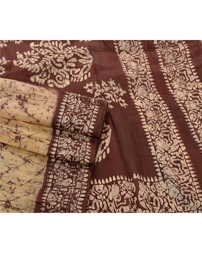 Sanskriti Vintage Cream Indian Sari Pure Silk Batik Work Sarees Craft Fabric, PS-53975-Cream-Batik Work-100% Pure Silk-1