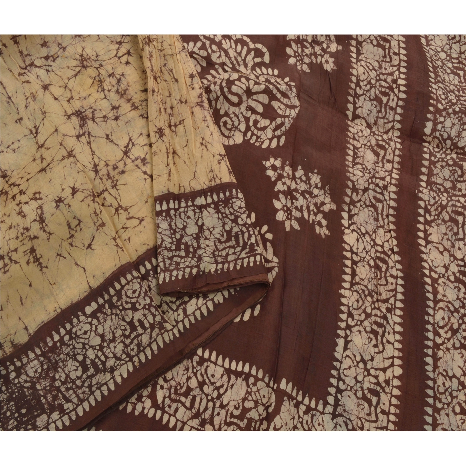 Sanskriti Vintage Cream Indian Sari Pure Silk Batik Work Sarees Craft Fabric, PS-53975-Cream-Batik Work-100% Pure Silk-2