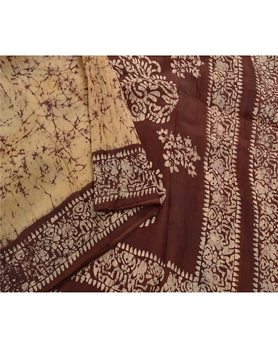 Sanskriti Vintage Cream Indian Sari Pure Silk Batik Work Sarees Craft Fabric, PS-53975-Cream-Batik Work-100% Pure Silk-2