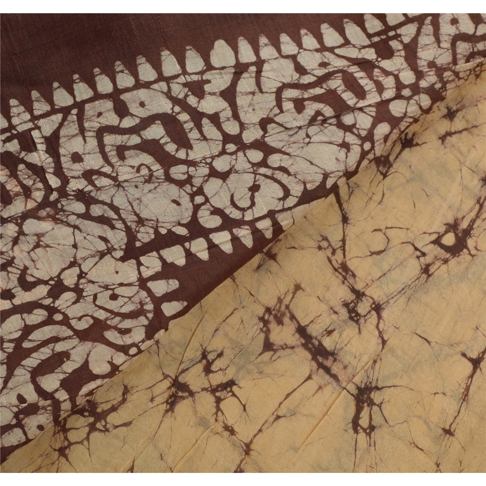 Sanskriti Vintage Cream Indian Sari Pure Silk Batik Work Sarees Craft Fabric, PS-53975-Cream-Batik Work-100% Pure Silk-3