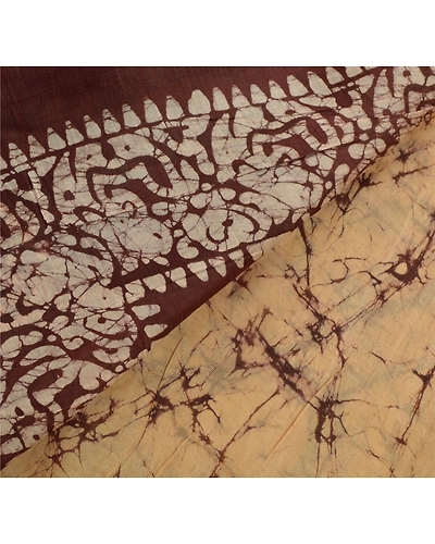 Sanskriti Vintage Cream Indian Sari Pure Silk Batik Work Sarees Craft Fabric, PS-53975-Cream-Batik Work-100% Pure Silk-3