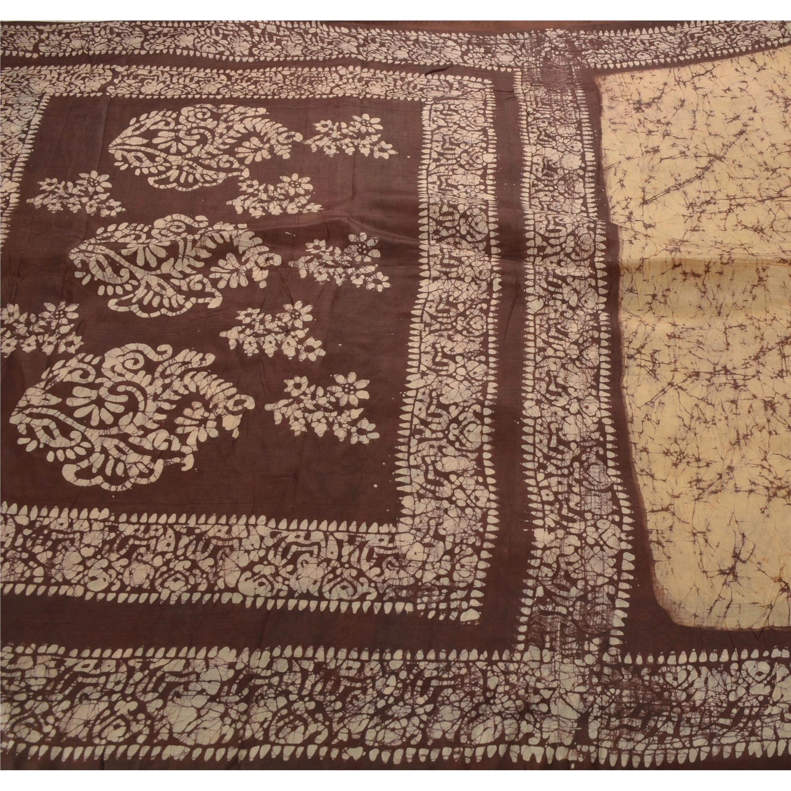 Sanskriti Vintage Cream Indian Sari Pure Silk Batik Work Sarees Craft Fabric, PS-53975-Cream-Batik Work-100% Pure Silk-4