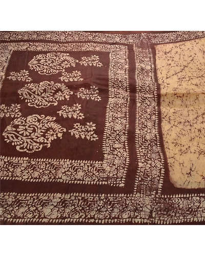 Sanskriti Vintage Cream Indian Sari Pure Silk Batik Work Sarees Craft Fabric, PS-53975-Cream-Batik Work-100% Pure Silk-4