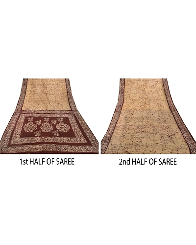 Sanskriti Vintage Cream Indian Sari Pure Silk Batik Work Sarees Craft Fabric, PS-53975-Cream-Batik Work-100% Pure Silk-5
