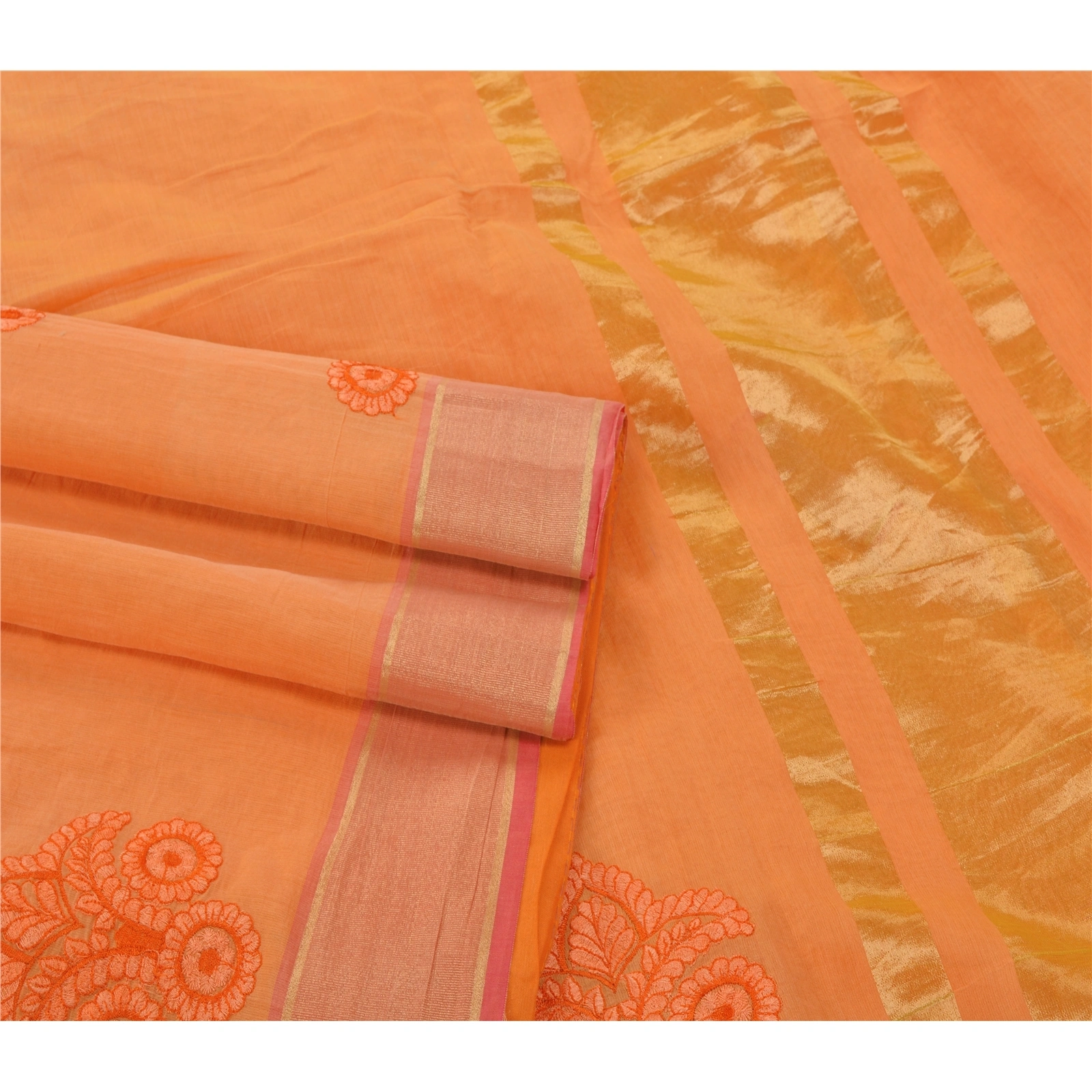 Sanskriti Vintage Sarees Blend Cotton Embroidered Woven Fabric Premium Sari, PS-54041-Peach-Thread Work-Blend Cotton-1