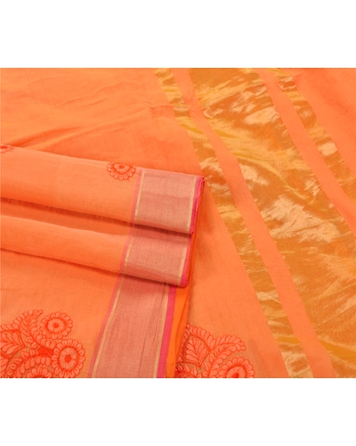 Sanskriti Vintage Sarees Blend Cotton Embroidered Woven Fabric Premium Sari, PS-54041-Peach-Thread Work-Blend Cotton-1
