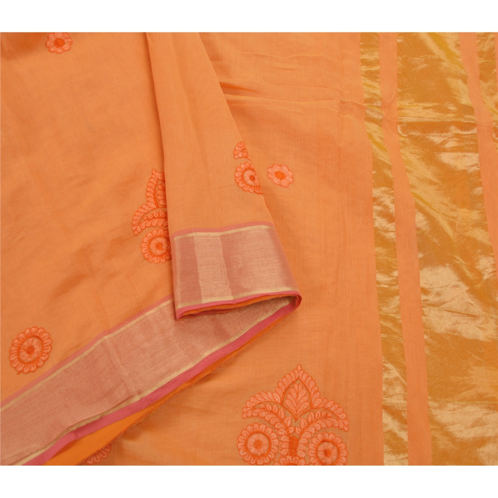 Sanskriti Vintage Sarees Blend Cotton Embroidered Woven Fabric Premium Sari, PS-54041-Peach-Thread Work-Blend Cotton-2