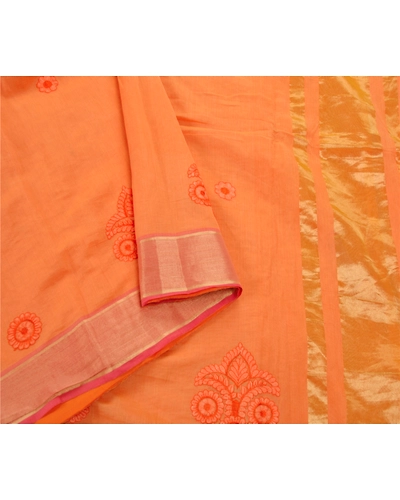 Sanskriti Vintage Sarees Blend Cotton Embroidered Woven Fabric Premium Sari, PS-54041-Peach-Thread Work-Blend Cotton-2