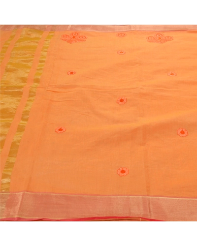 Sanskriti Vintage Sarees Blend Cotton Embroidered Woven Fabric Premium Sari, PS-54041-Peach-Thread Work-Blend Cotton-4