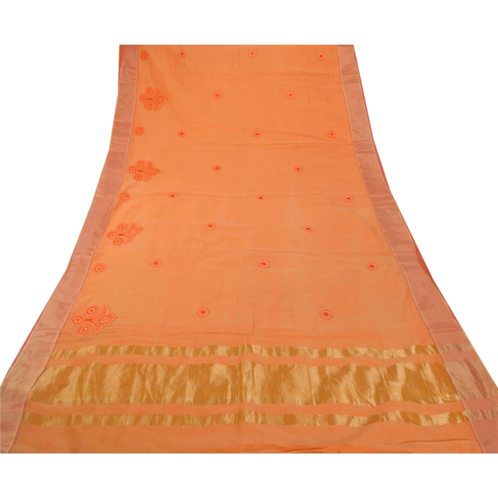 Sanskriti Vintage Sarees Blend Cotton Embroidered Woven Fabric Premium Sari, PS-54041-Peach-Thread Work-Blend Cotton-7