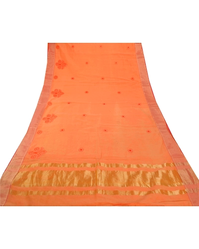 Sanskriti Vintage Sarees Blend Cotton Embroidered Woven Fabric Premium Sari, PS-54041-Peach-Thread Work-Blend Cotton-7