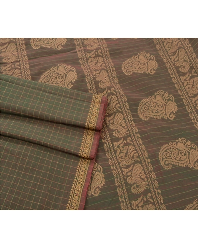 Sanskriti Vintage Green Sarees Blend Silk Woven Craft Fabric Premium 5 Yard Sari, PS-54169-Green-Woven Work-Blend Silk-1