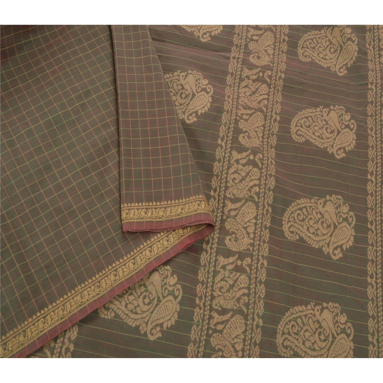 Sanskriti Vintage Green Sarees Blend Silk Woven Craft Fabric Premium 5 Yard Sari, PS-54169-Green-Woven Work-Blend Silk-2