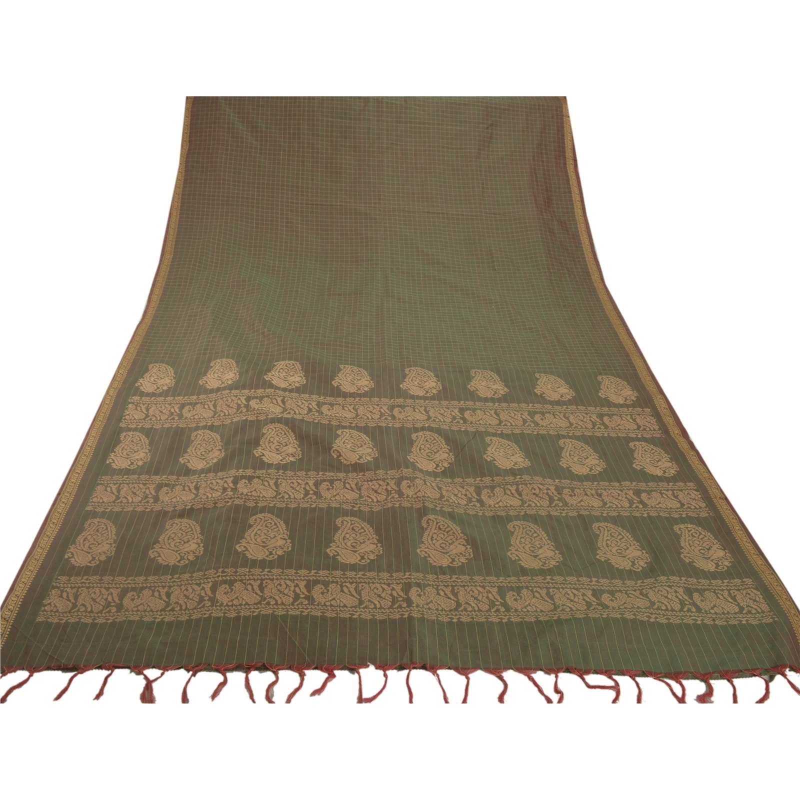 Sanskriti Vintage Green Sarees Blend Silk Woven Craft Fabric Premium 5 Yard Sari, PS-54169-Green-Woven Work-Blend Silk-7