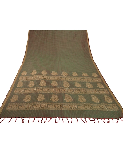 Sanskriti Vintage Green Sarees Blend Silk Woven Craft Fabric Premium 5 Yard Sari, PS-54169-Green-Woven Work-Blend Silk-7