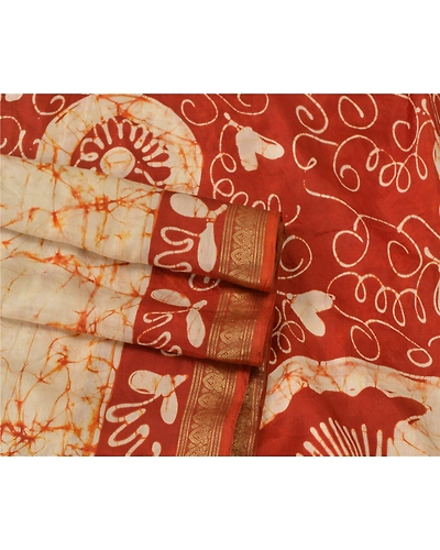 Sanskriti Vintage Sarees Pure Silk Batik Work Craft Fabric Zari 5 Yd Border Sari, PS-54213-Cream-Batik Work-100% Pure Silk-1