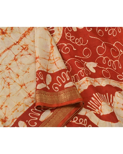 Sanskriti Vintage Sarees Pure Silk Batik Work Craft Fabric Zari 5 Yd Border Sari, PS-54213-Cream-Batik Work-100% Pure Silk-2