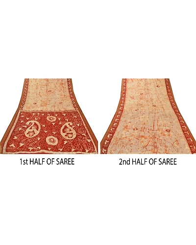 Sanskriti Vintage Sarees Pure Silk Batik Work Craft Fabric Zari 5 Yd Border Sari, PS-54213-Cream-Batik Work-100% Pure Silk-5