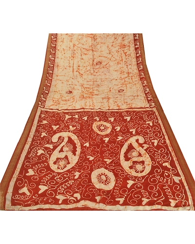Sanskriti Vintage Sarees Pure Silk Batik Work Craft Fabric Zari 5 Yd Border Sari, PS-54213-Cream-Batik Work-100% Pure Silk-7