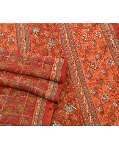 Sanskriti Vintage Sarees Pure Georgette Silk Hand Beaded Fabric Premium Sari, PS-54238-Orange-Sequins Work-100% Pure Georgette Silk-1
