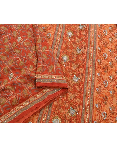 Sanskriti Vintage Sarees Pure Georgette Silk Hand Beaded Fabric Premium Sari, PS-54238-Orange-Sequins Work-100% Pure Georgette Silk-2