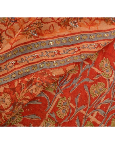 Sanskriti Vintage Sarees Pure Georgette Silk Hand Beaded Fabric Premium Sari, PS-54238-Orange-Sequins Work-100% Pure Georgette Silk-3