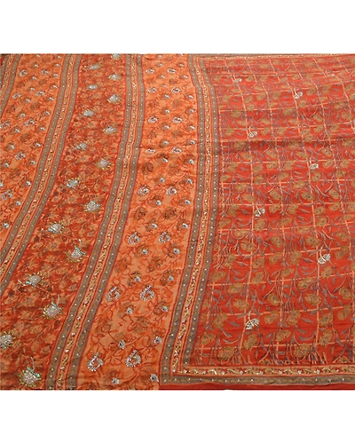 Sanskriti Vintage Sarees Pure Georgette Silk Hand Beaded Fabric Premium Sari, PS-54238-Orange-Sequins Work-100% Pure Georgette Silk-4