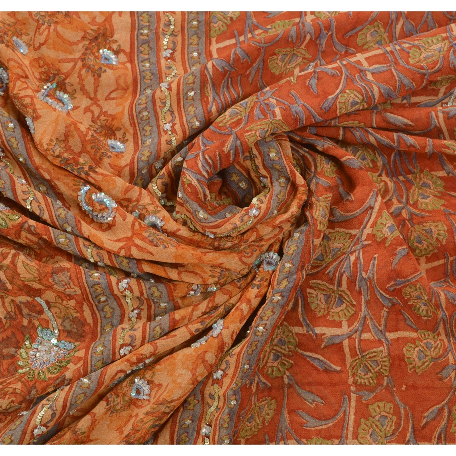 Sanskriti Vintage Sarees Pure Georgette Silk Hand Beaded Fabric Premium Sari, PS-54238-Orange-Sequins Work-100% Pure Georgette Silk-6