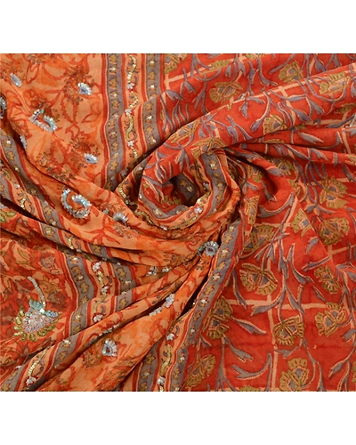 Sanskriti Vintage Sarees Pure Georgette Silk Hand Beaded Fabric Premium Sari, PS-54238-Orange-Sequins Work-100% Pure Georgette Silk-6