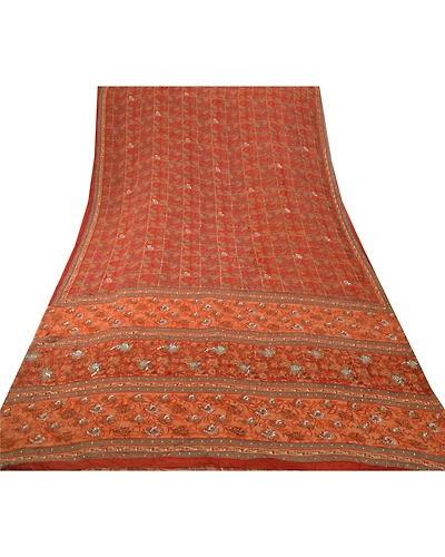 Sanskriti Vintage Sarees Pure Georgette Silk Hand Beaded Fabric Premium Sari, PS-54238-Orange-Sequins Work-100% Pure Georgette Silk-7