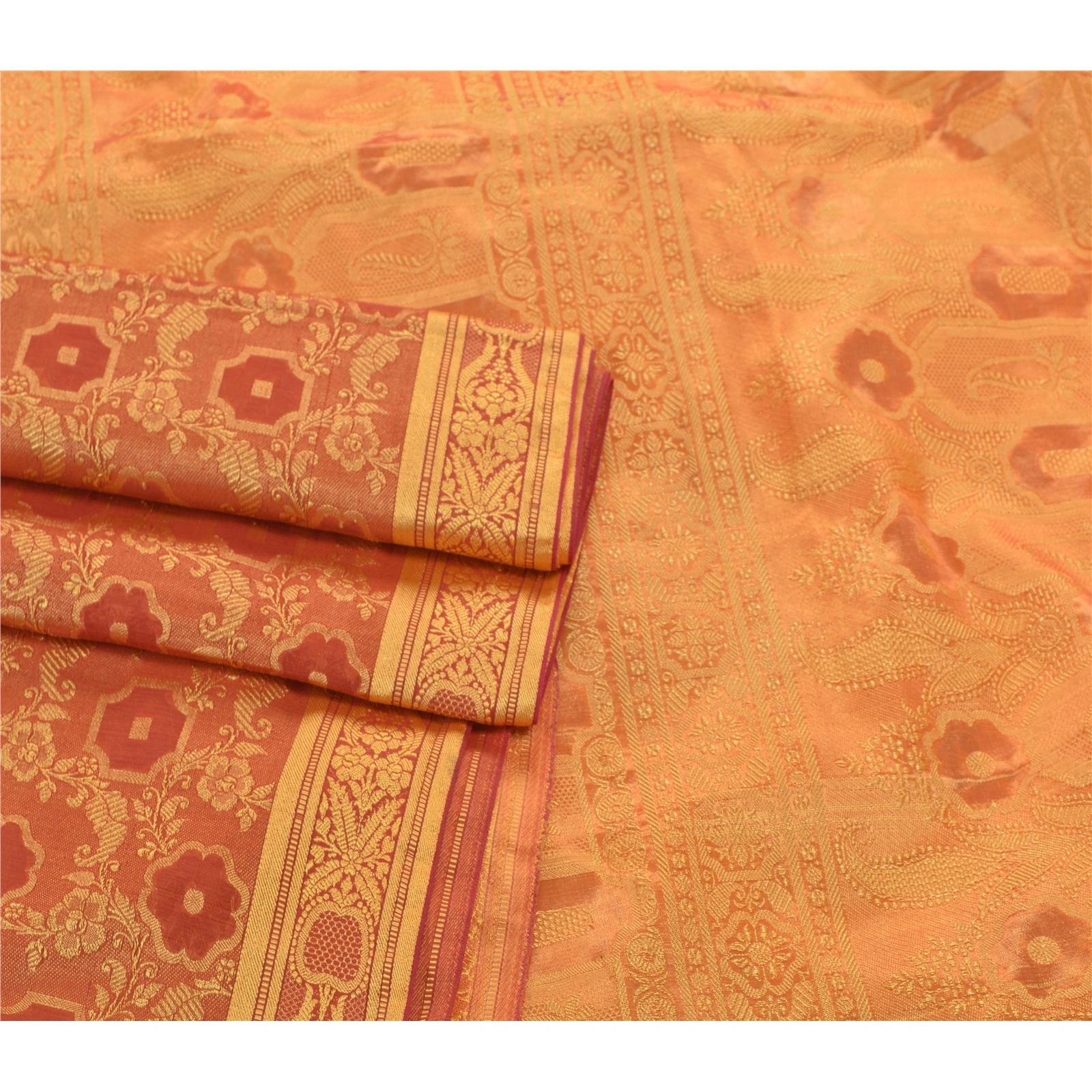 Sanskriti Vintage Orange Indian Sarees Art Silk Woven Craft Fabric Premium Sari, PS-54251-Orange-Woven Work-Art Silk-1