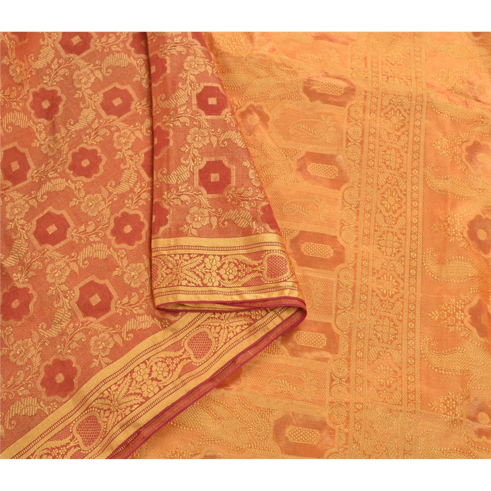 Sanskriti Vintage Orange Indian Sarees Art Silk Woven Craft Fabric Premium Sari, PS-54251-Orange-Woven Work-Art Silk-2