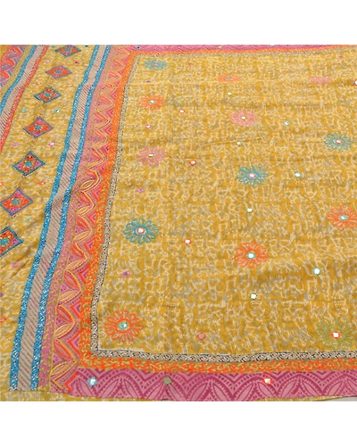 Sanskriti Vintage Lemon Sarees Pure Silk Embroidered Premium Fabric 5 Yard Sari, PS-54276-Lemon-Thread Work-100% Pure Silk-2