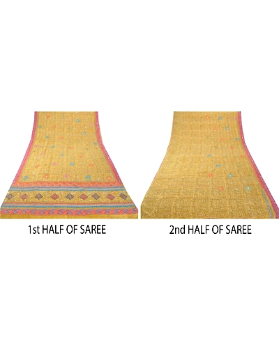 Sanskriti Vintage Lemon Sarees Pure Silk Embroidered Premium Fabric 5 Yard Sari, PS-54276-Lemon-Thread Work-100% Pure Silk-3