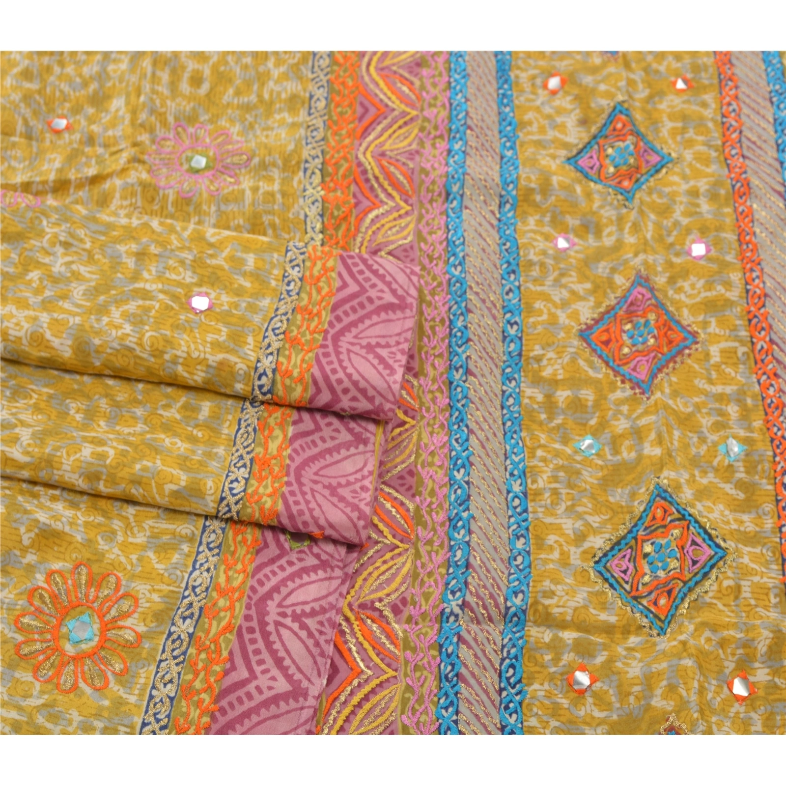 Sanskriti Vintage Lemon Sarees Pure Silk Embroidered Premium Fabric 5 Yard Sari, PS-54276-Lemon-Thread Work-100% Pure Silk-5