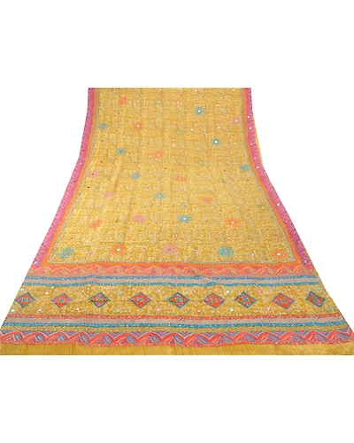 Sanskriti Vintage Lemon Sarees Pure Silk Embroidered Premium Fabric 5 Yard Sari, PS-54276-Lemon-Thread Work-100% Pure Silk-6