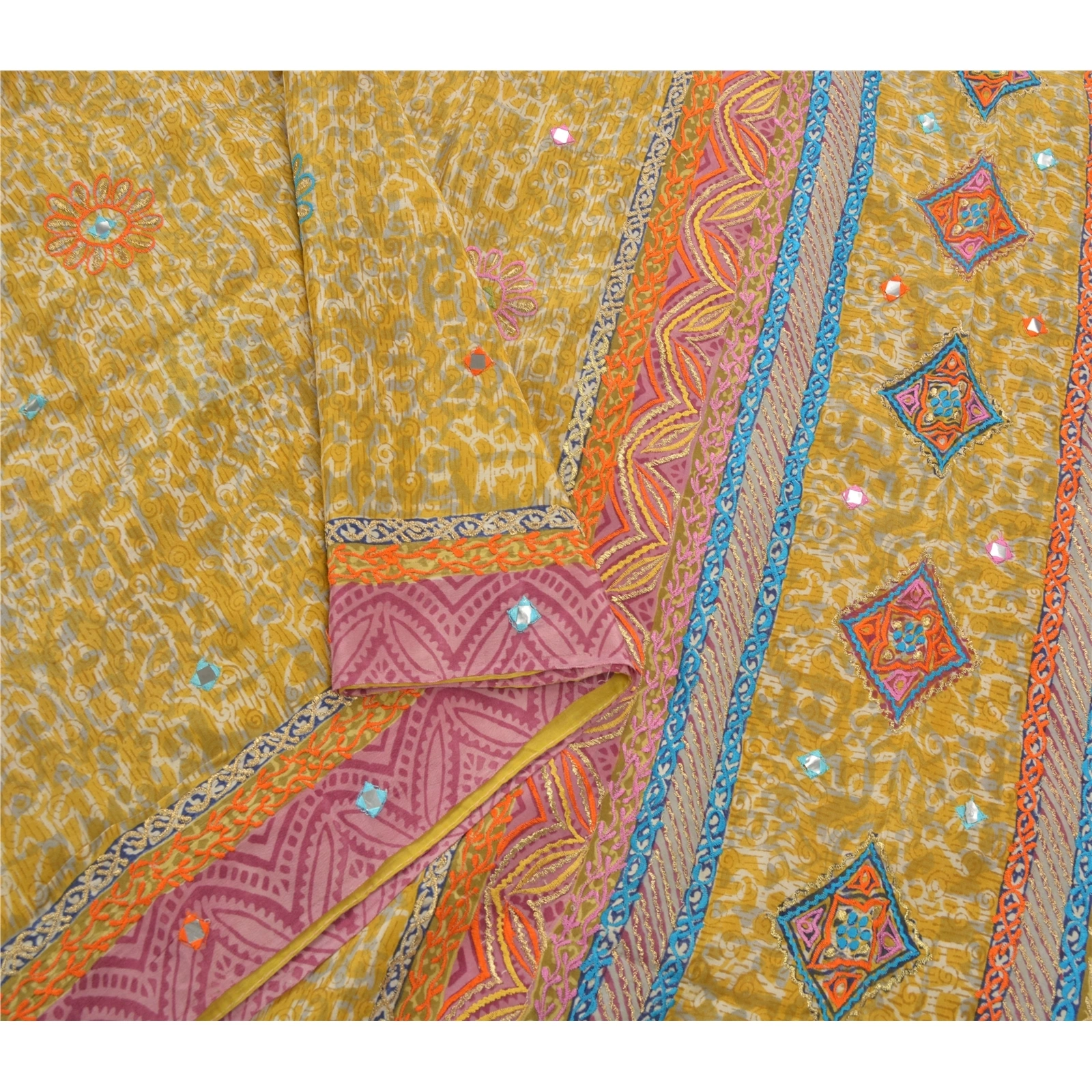 Sanskriti Vintage Lemon Sarees Pure Silk Embroidered Premium Fabric 5 Yard Sari, PS-54276-Lemon-Thread Work-100% Pure Silk-7