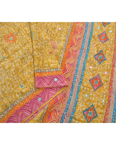 Sanskriti Vintage Lemon Sarees Pure Silk Embroidered Premium Fabric 5 Yard Sari, PS-54276-Lemon-Thread Work-100% Pure Silk-7
