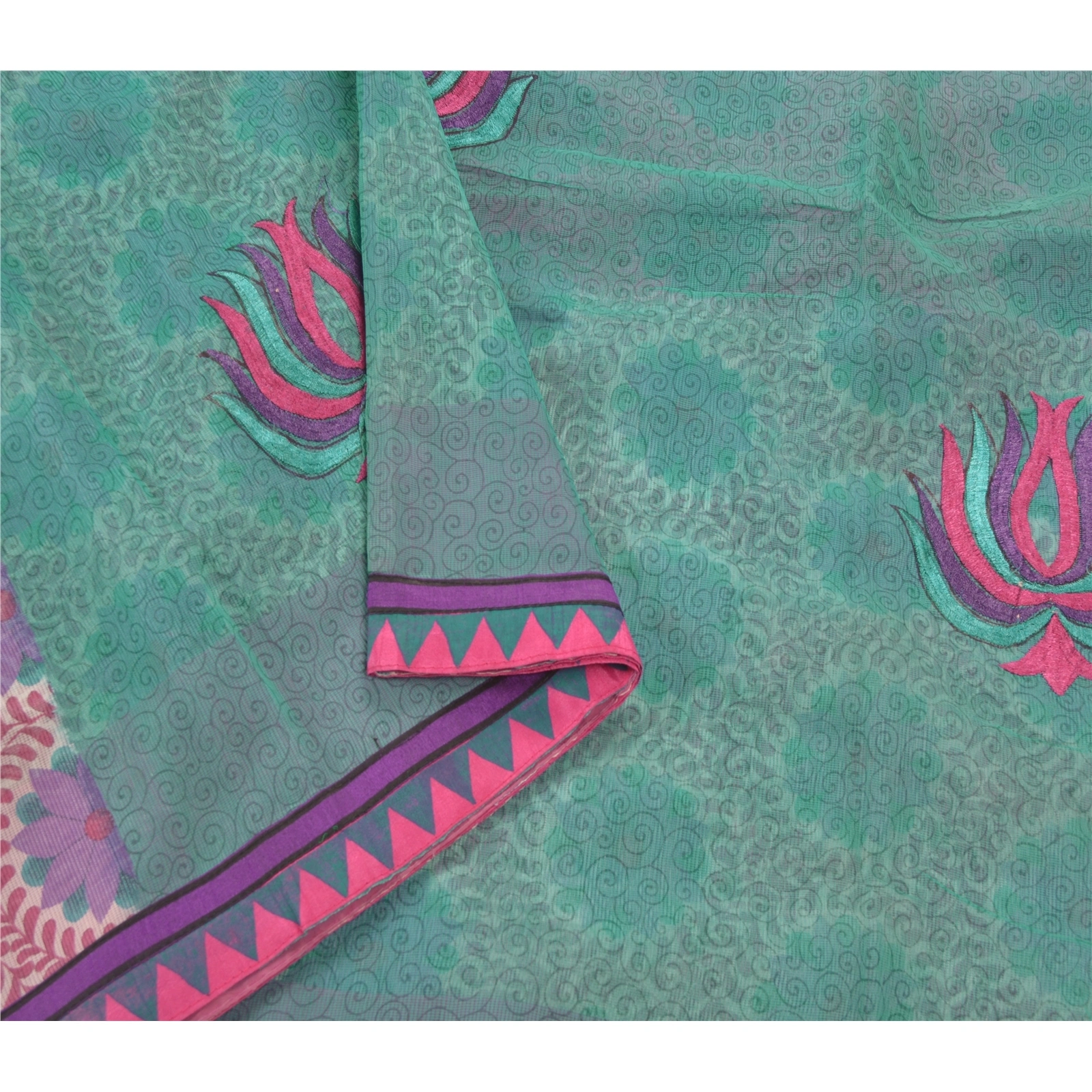 Sanskriti Vintage Green Sarees Art Silk Embroidered Sari Craft Patch Work Fabric, PS-54484-Green-Thread Work-Art Silk-5