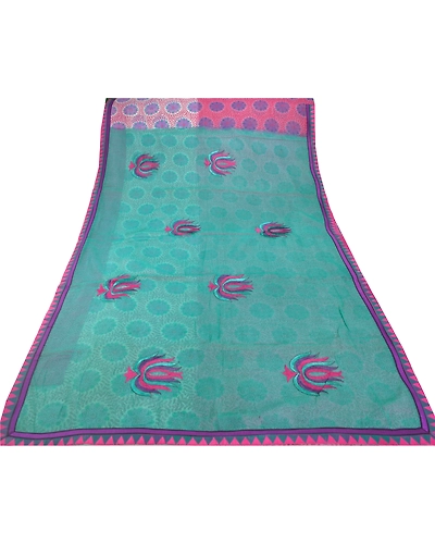 Sanskriti Vintage Green Sarees Art Silk Embroidered Sari Craft Patch Work Fabric, PS-54484-Green-Thread Work-Art Silk-6