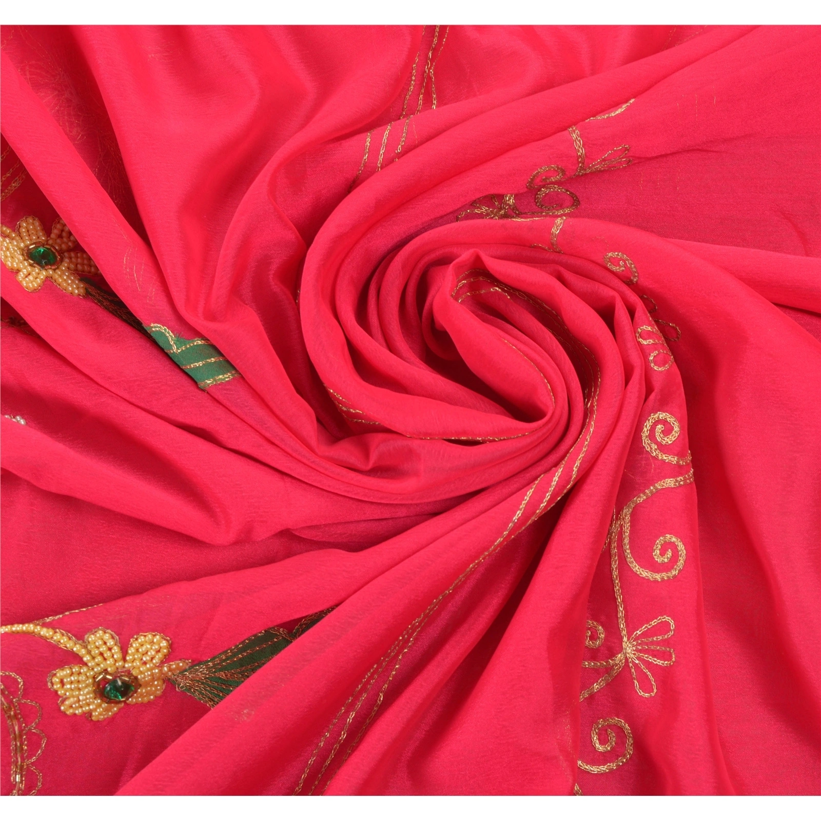 Sanskriti Vintage Pink Sarees Art Silk Hand Beaded Premium Sari Craft Fabric, PS-54497-Pink-Beaded Work-Art Silk-4