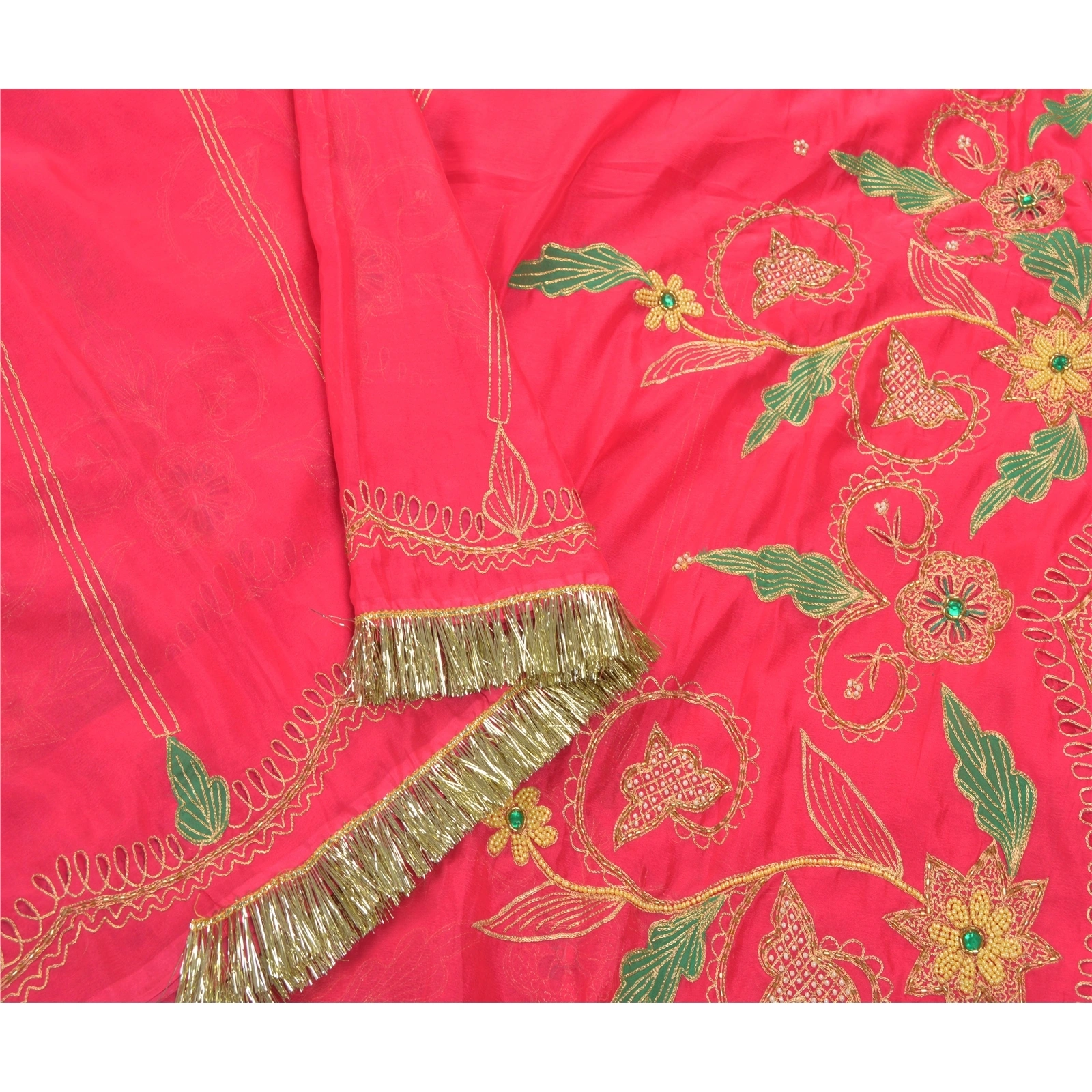 Sanskriti Vintage Pink Sarees Art Silk Hand Beaded Premium Sari Craft Fabric, PS-54497-Pink-Beaded Work-Art Silk-5