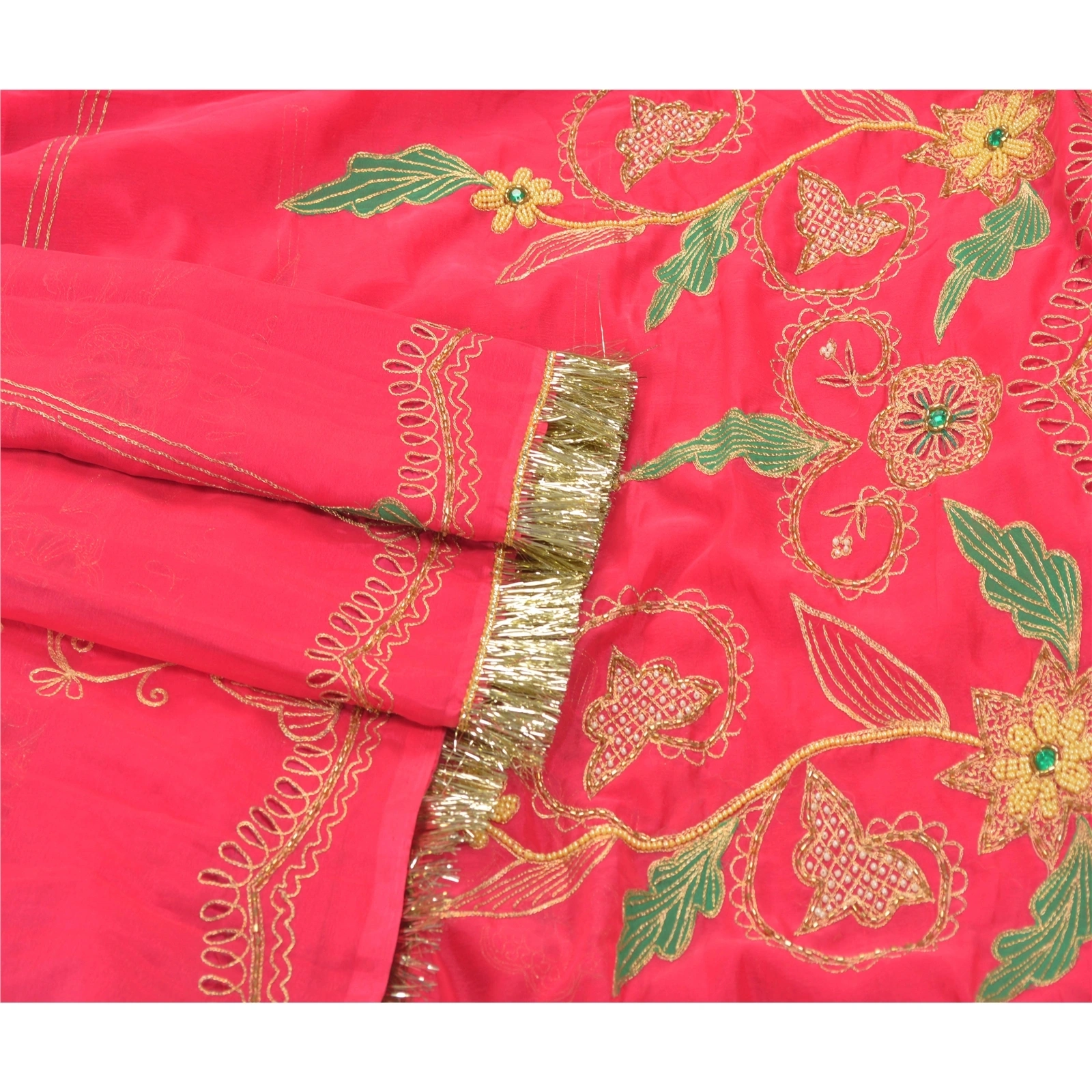 Sanskriti Vintage Pink Sarees Art Silk Hand Beaded Premium Sari Craft Fabric, PS-54497-Pink-Beaded Work-Art Silk-7